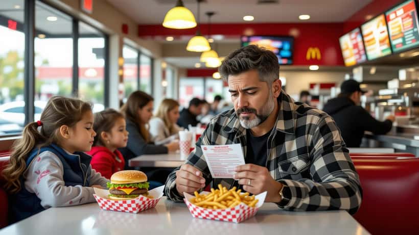 Padre latino revisa la tarjeta de alérgenos con una hamburguesa y papas en un restaurante de comida rápida