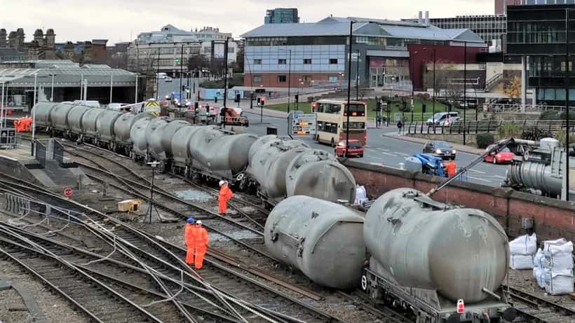 Derailed cement train on a UK railway line