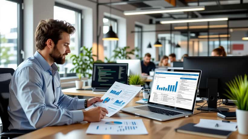 IT-Compliance-Experte überprüft EU AI Act Risikoklassifizierungsmatrix auf dem Schreibtisch in einem Wiener Büro