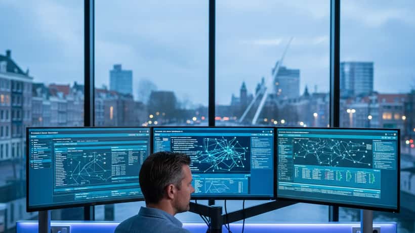 Nederlandse IT-beveiligingsexpert monitort cyberdreigingen op meerdere schermen in een Amsterdams kantoor