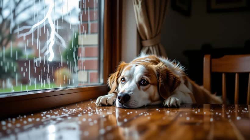 Cane spaventato che trema nascosto sotto un tavolo durante un temporale con lampi alla finestra