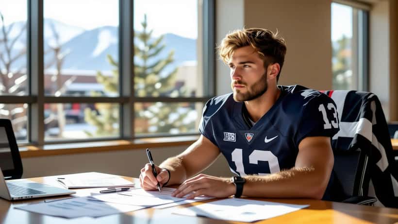 College athlete reviewing revenue share agreement and tax documents in a university meeting room