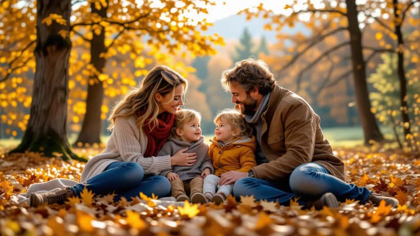 Genitori abbracciano i figli in un bosco autunnale, caso famiglia nel bosco allontanamento minori Italia 2026