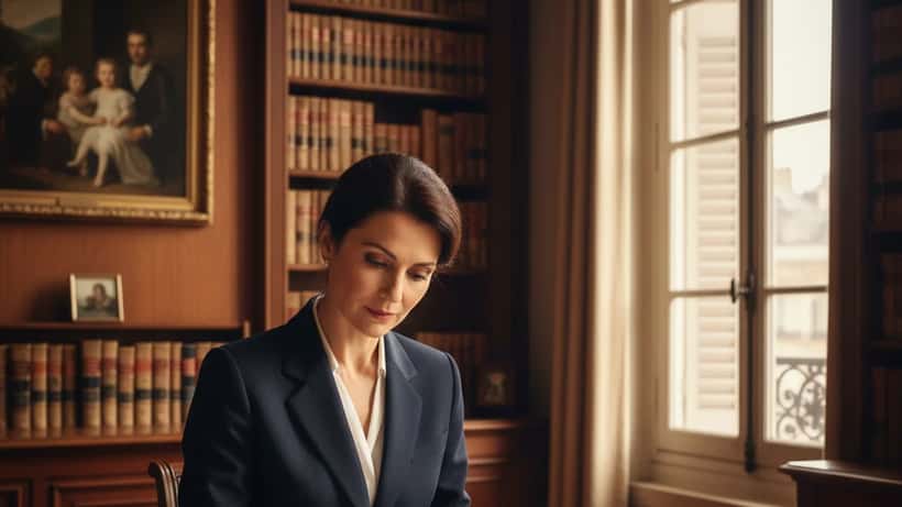 Avocate française consultant des documents de succession dans un cabinet notarial parisien