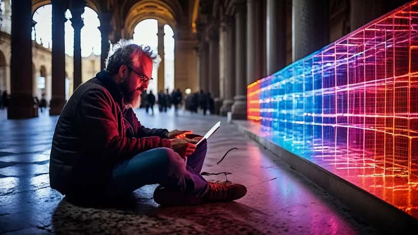 Programmatore italiano di fronte a uno schermo con codice AI in un open space milanese, scrivanie vuote sullo sfondo