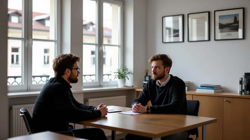 Junger Mann im Beratungsgespräch mit einem Psychologen in einem Wiener Therapiezimmer