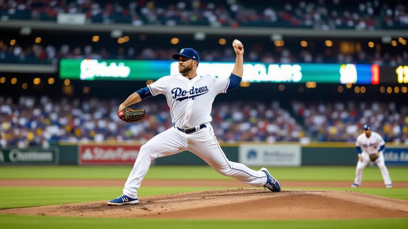 San Diego Padres pitcher mid-delivery on the mound during 2026 NLDS playoff game