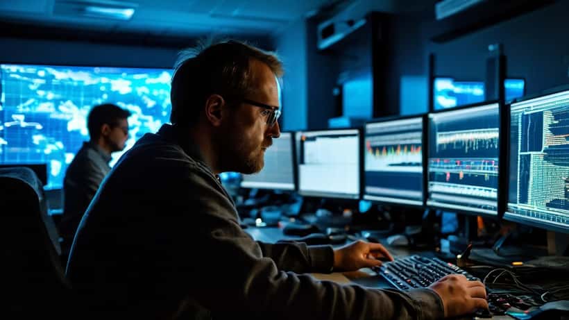 IT-turvallisuusasiantuntija tarkastelee DDoS-hyökkäystä näytöltä Helsinkiläisessä toimistossa