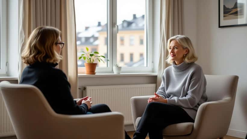 Kvinna i terapisession pratar om trauma i Skandinaviskt rum med mjukt ljus