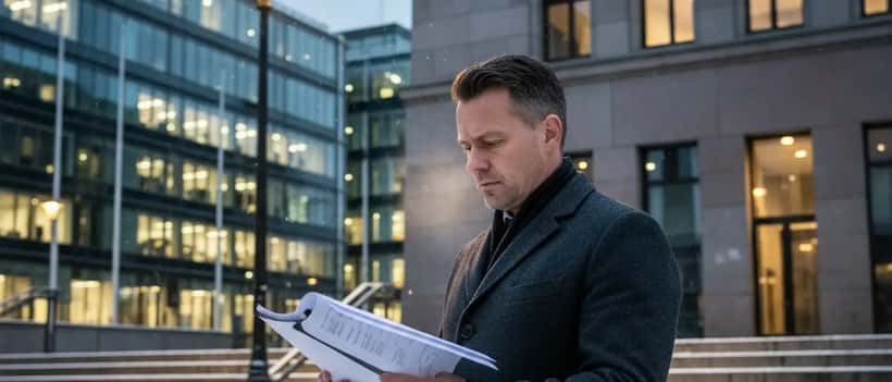 Norsk mann leser juridiske dokumenter utenfor Oslo tinghus om kvelden