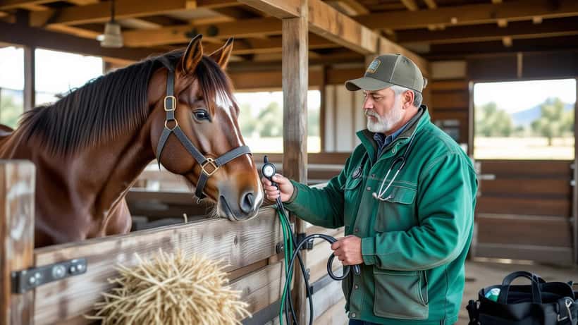 Veterinario equino examinando un caballo de carreras en una cuadra de sur de Texas