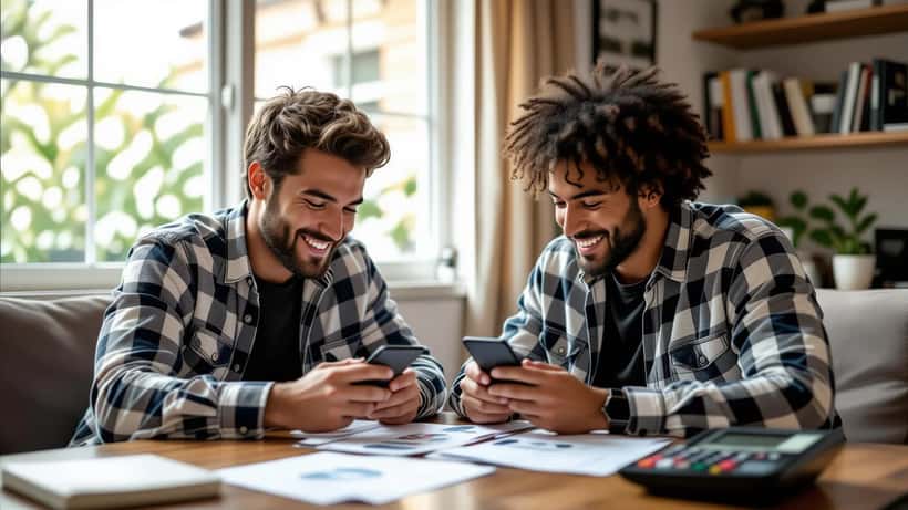 Homem brasileiro analisando estatísticas do Cartola FC no smartphone com formulário DARF e calculadora na mesa