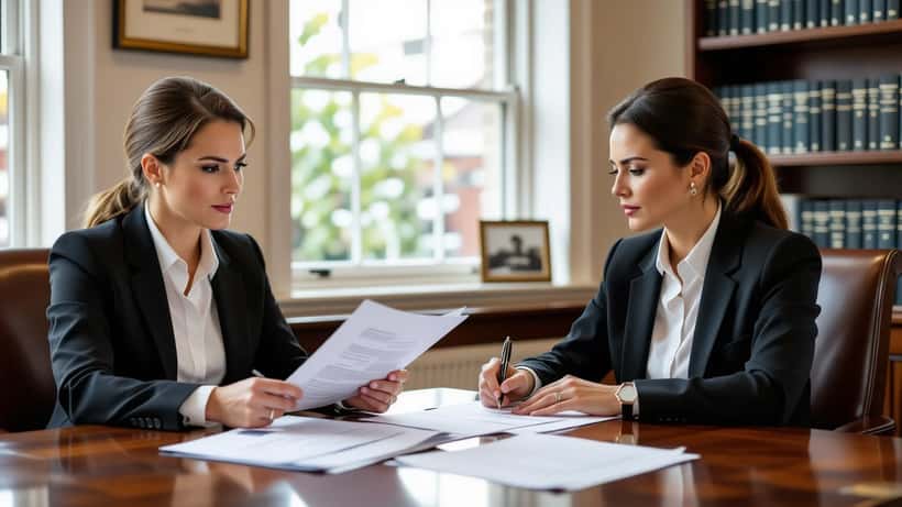 Woman speaking with solicitor in UK law office reviewing domestic abuse protection order documents