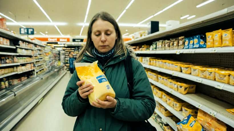 Konsument håller en påse ostsnacks vid en butikshylla med återkallningsmeddelande