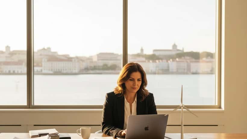 Mulher portuguesa analisando investimentos em energia eólica em escritório em Lisboa