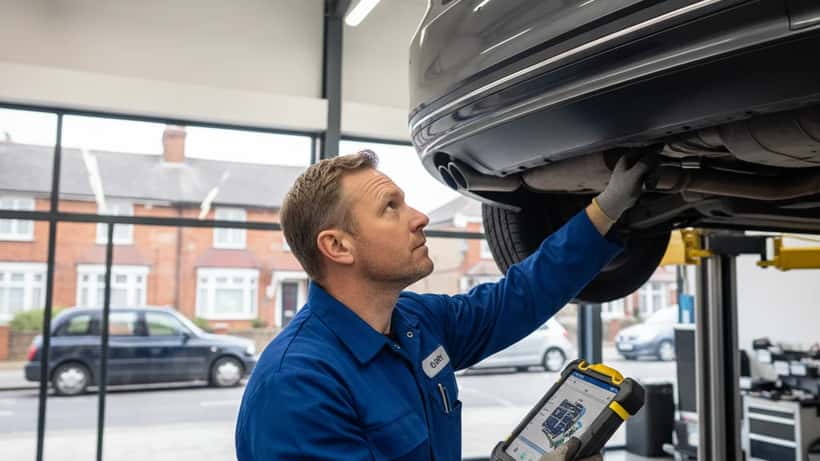 Mechanic in suburban London garage inspecting diesel car on hydraulic lift with diagnostic tablet