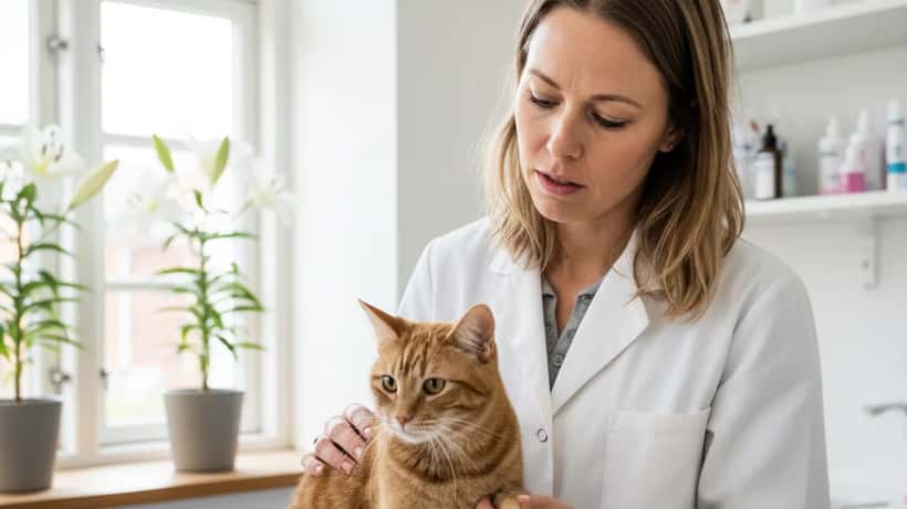 Dansk dyrlæge undersøger en kat på behandlingsbord i klinik i Aarhus, påskeliljer synlige i baggrunden