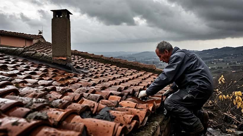 Artigiano che ispeziona le tegole del tetto di una casa italiana prima di una tempesta primaverile