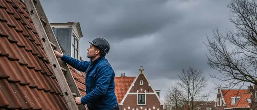 Nederlandse vakman inspecteert dakpannen voor een storm