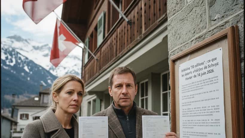 Résidents étrangers en Suisse tenant leurs documents de permis de séjour devant un bâtiment officiel