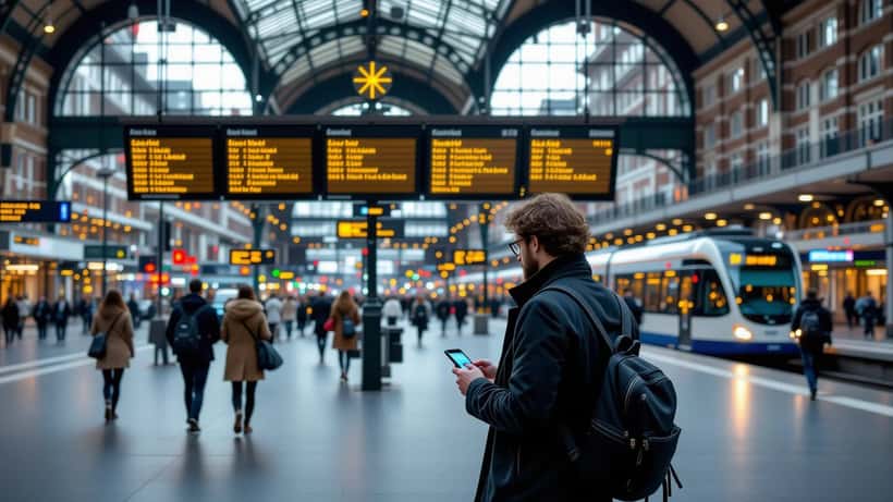 Lege perrons tijdens NS-treinstaking op Amsterdam Centraal, reiziger bekijkt afgeschafte treinverbindingen op smartphone