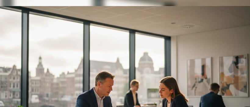 Nederlandse advocaat in modern kantoor met documenten, professioneel portret
