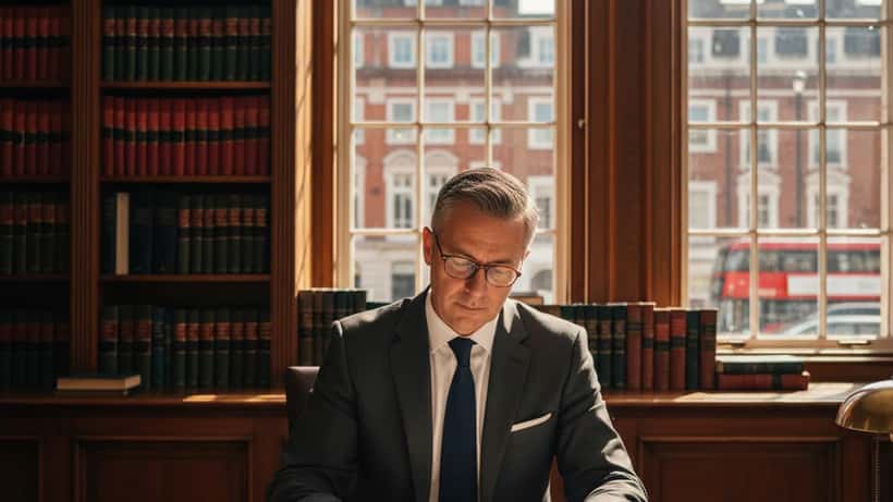 British solicitor reviewing estate planning documents in a London law office, representing legacy and succession planning