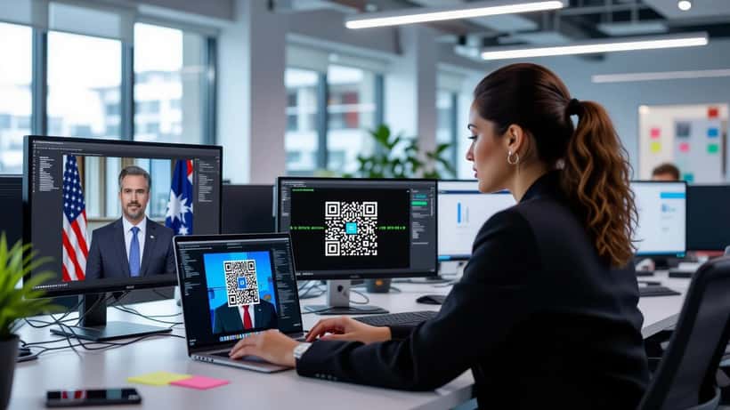 Cybersecurity analyst examining a glitching deepfake politician video with a crypto QR code on a laptop screen