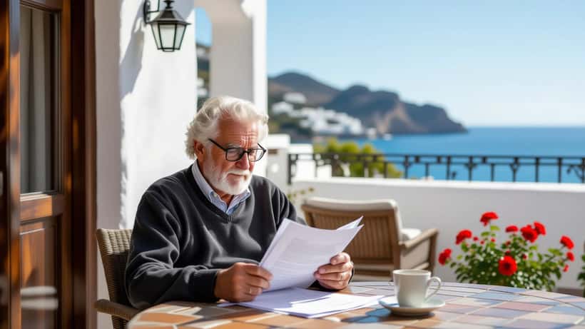 Äldre svensk man granskar juridiska dokument och testamente på en solbelyst terrass i södra Spanien med havet i bakgrunden