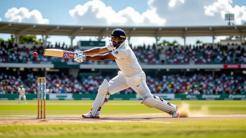 Cricket fast bowler in delivery stride on a Caribbean pitch