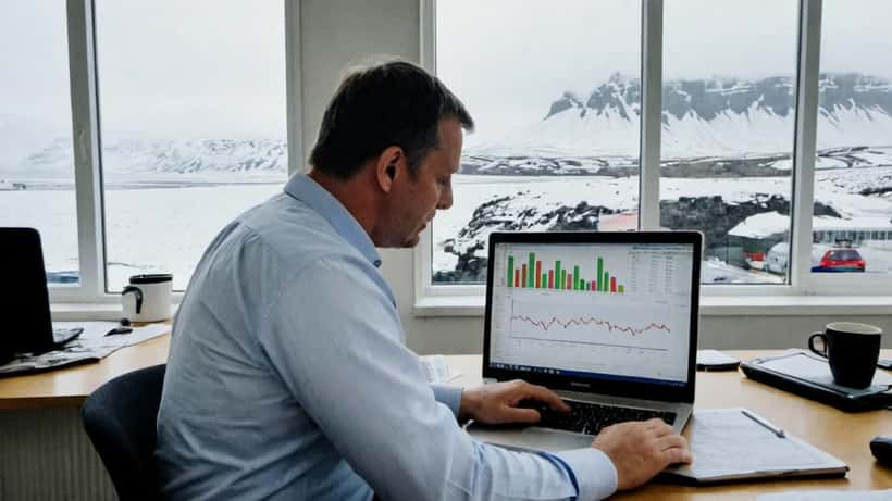 Íslenskur fjármálaráðgjafi skoðar línurit olíuverðs eftir vopnahlé á milli Bandaríkjanna og Írans