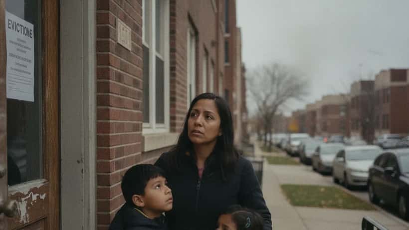 Familia latina frente a su apartamento en el South Side de Chicago con aviso de desalojo en la puerta