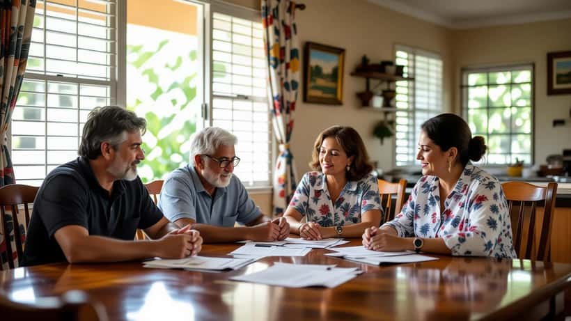 Família brasileira discutindo partilha de herança com documentos sobre a mesa