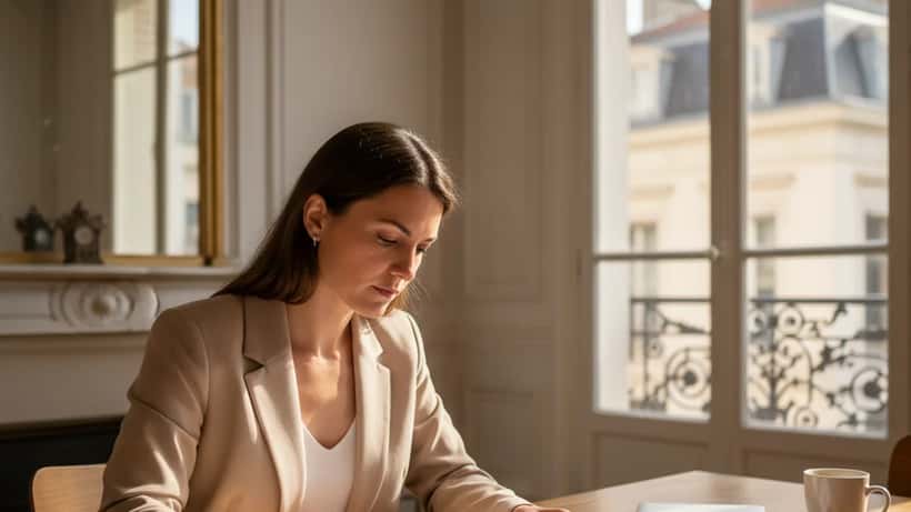 Femme française en blazer lisant un contrat de bail dans un appartement haussmannien à Lyon