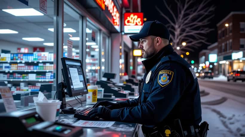 Policier québécois examinant une scène de crime dans un dépanneur de Sherbrooke, libération conditionnelle et récidive