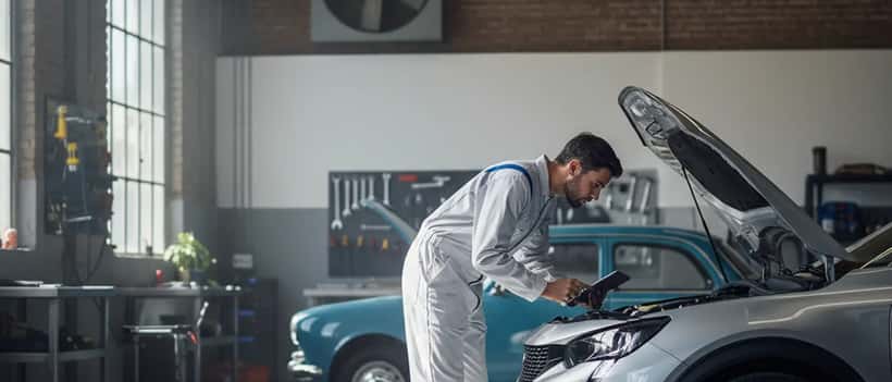 Mécanicien inspectant le compartiment moteur d'un véhicule hybride Stellantis dans un garage