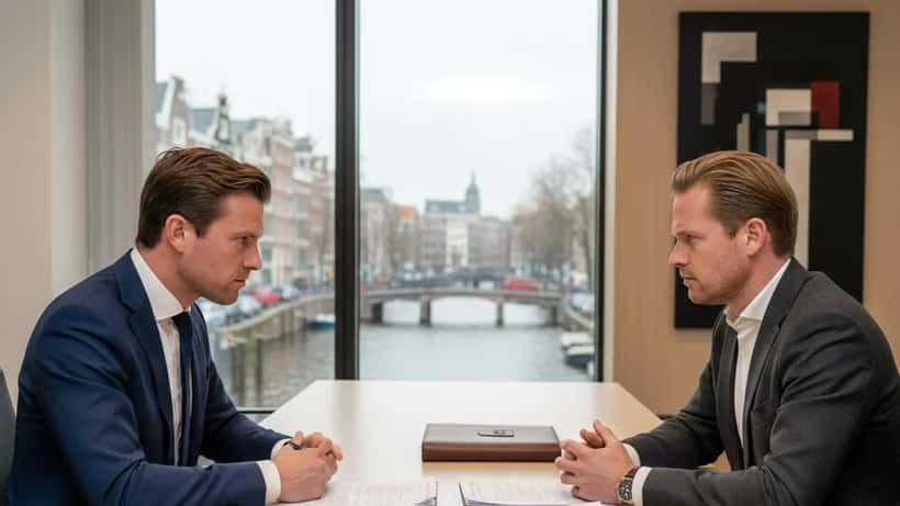 Twee zakenpartners in conflict bij tafel in Amsterdam, juridische documenten