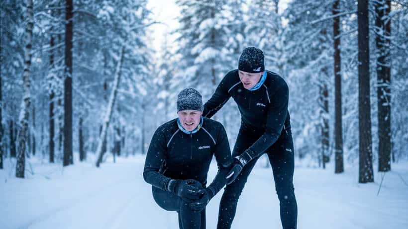 Hiihtäjä kaatuu rinteessä lumihangessa