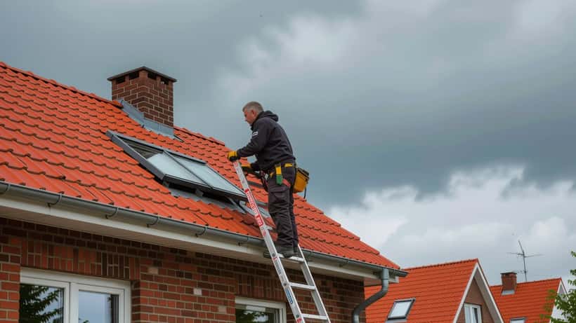 Hausbesitzer prüft Sturmschäden am Dach in Kiel während der Kieler Woche 2026