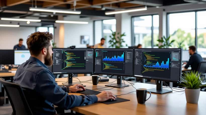 IT consultant reviewing GPT-6 admin console settings on dual monitors in an Austin office