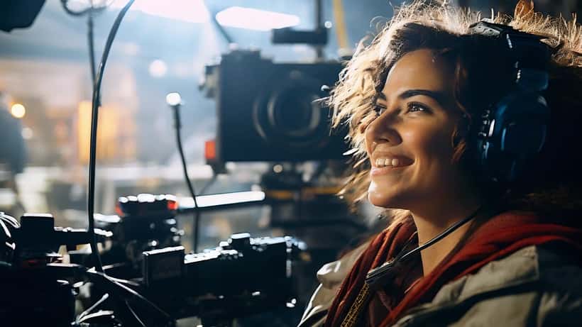 Actrice en coulisses d'un tournage TV, fatiguée entre deux prises, entourée d'équipement cinématographique