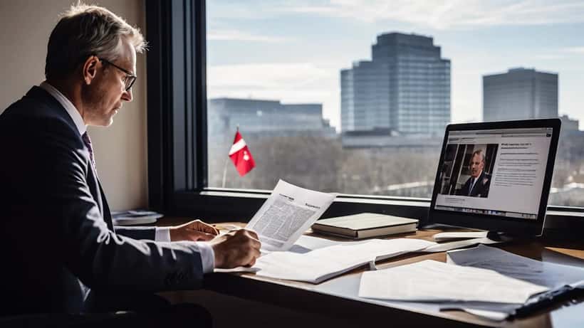 Avocat canadien examinant des documents liés à l'intelligence artificielle dans un bureau avec ordinateur portable