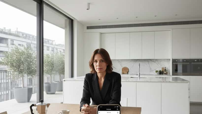 Donna italiana con smartphone che mostra app di identità digitale in cucina moderna a Milano