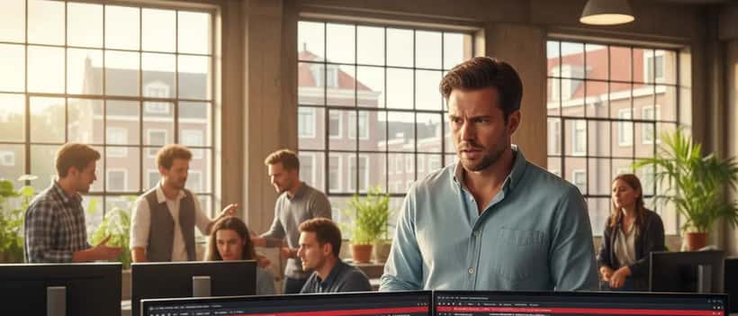 Nederlandse ondernemer kijkt bezorgd naar foutmeldingen op zijn monitor in een Amsterdams kantoor
