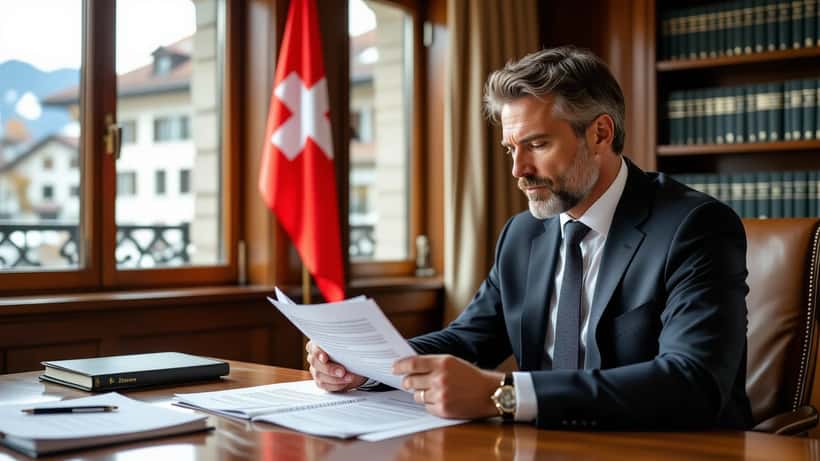 Avocat pénaliste suisse consultant le Code pénal en salle d'audience à Zurich, 2026