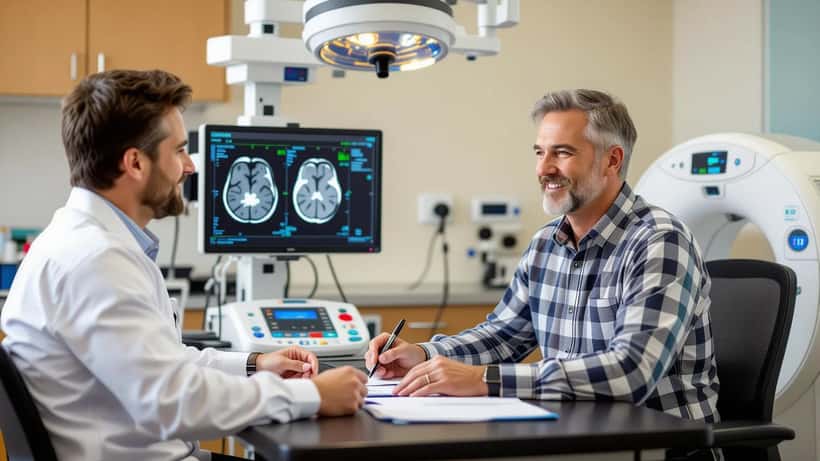 Neurologist consulting with a patient in a Perth hospital clinic, MRI brain scan visible on monitor, nerve conduction equipment nearby