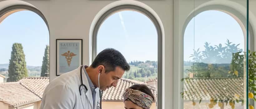 Medico italiano esamina paziente con sintomi respiratori in ambulatorio moderno