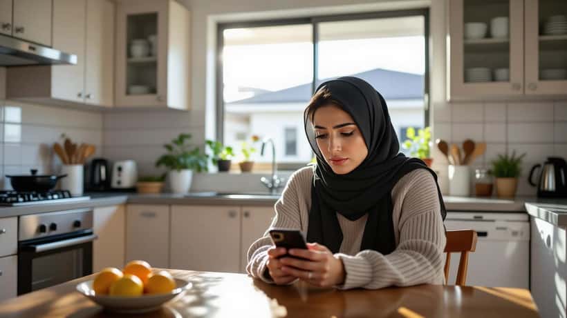 Woman checking Iran war news on phone showing signs of conflict-related anxiety in a Sydney kitchen