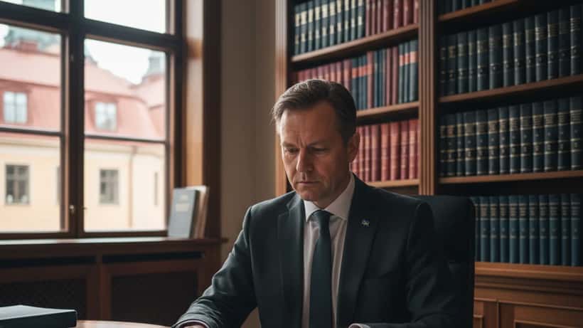 Svensk brottmålsadvokat vid skrivbord med rättsdokument i Stockholmskontor