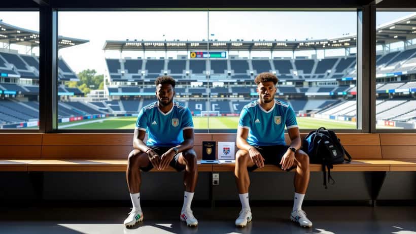 Footballeur capverdien tenant deux passeports sur un banc de stade à Atlanta, Coupe du Monde 2026